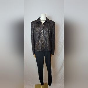 Vintage 1980s Joseph Ribkoff Trends Black Brown Snake Print Blouse, Size 6